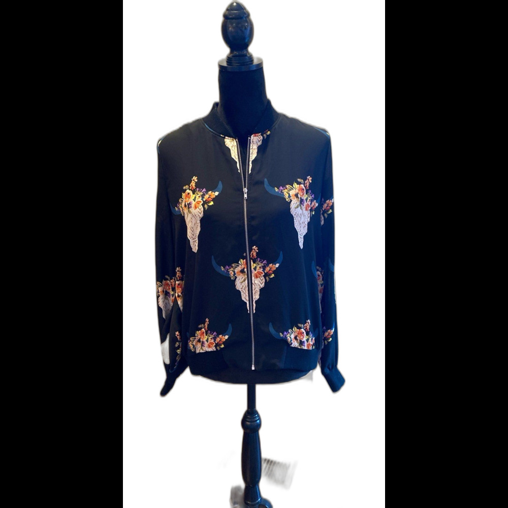Fab’rik Bomber Jacket Size Medium Bison‎ Head Floral Full Zip Front Lightweight